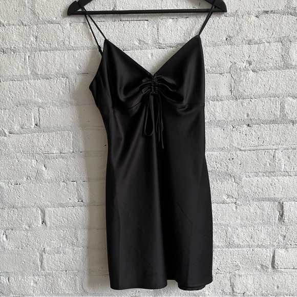 Dynamite Nia Mini Satin Slip Dress in Black - Picture 2 of 6